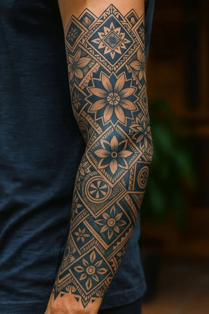 Geometrisk mandala sleeve tatovering